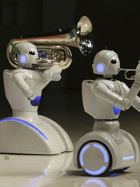 A performance of music playing robots developed by Toyota Motor Corp.