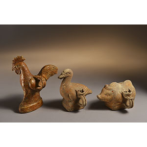 Magenta Ware vessels (rooster, goose, piglet)