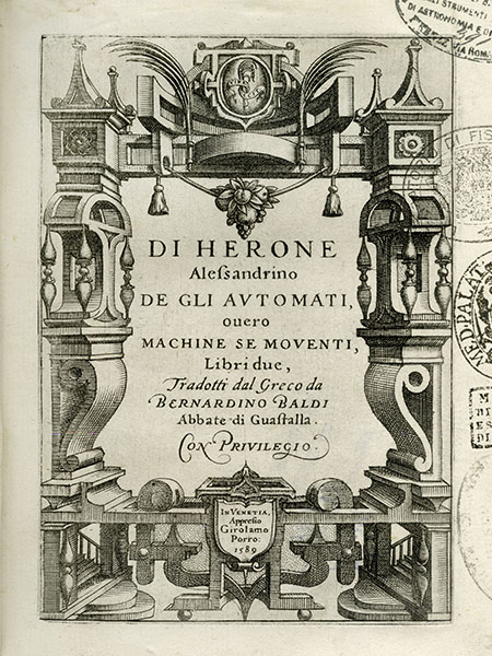 Title page of Hero of Alexandria, De gli automati, Venice, Girolamo Porro, 1589.